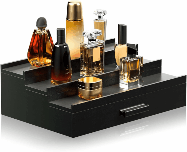 Cologne Organizer for Men 3 Tier of Elevated Cologne Display Shelf with Drawer Storage Perfume Organization and Storage Display Risers,Great Gift for Man(Black)