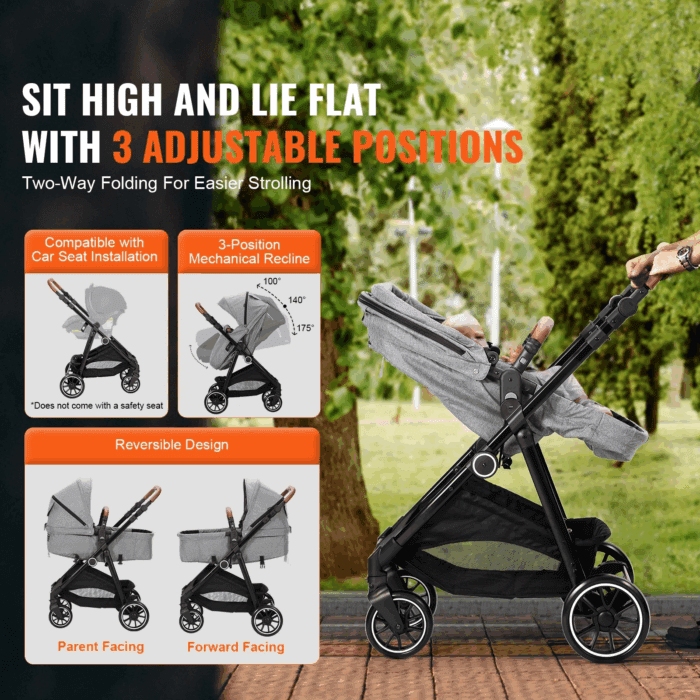 2 in 1 Convertible Baby Stroller, Foldable Infant Newborn Bassinet Pram, Unisex Travel Stroller for Newborn Baby, Dark Grey - Image 2