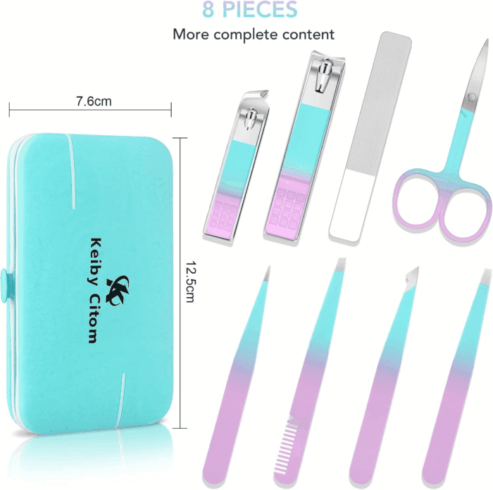 Tweezers Set and Nail Clippers 8Pcs Precision No Gaps Eyebrow Tweezer Kit for Facial Hair Men & Women Travel Tweezers with Leather Case（Violet/Cyan） - Image 6