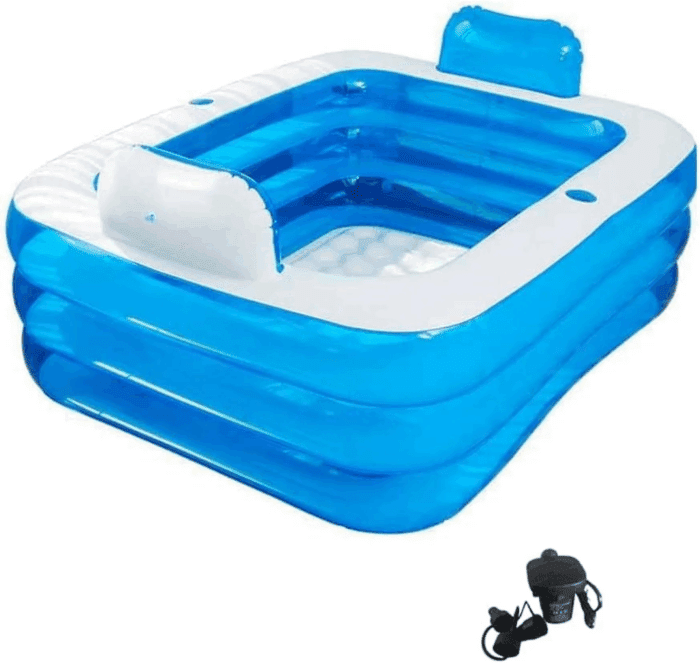 Double Inflatable Bathtub with Electric Air Pump and Bath Pillow Headrest, Portable Blow up Bath Tub for Adults, Outdoor & Indoor Freestanding Foldable Spa Tub with Drainage Cup Holder