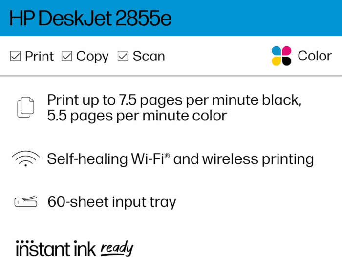 Deskjet 2855E Wireless All-In-One Color Inkjet Printer, Scanner, Copier, Best-For-Home, 3 Months of Instant Ink Included (588S5A) - Image 2