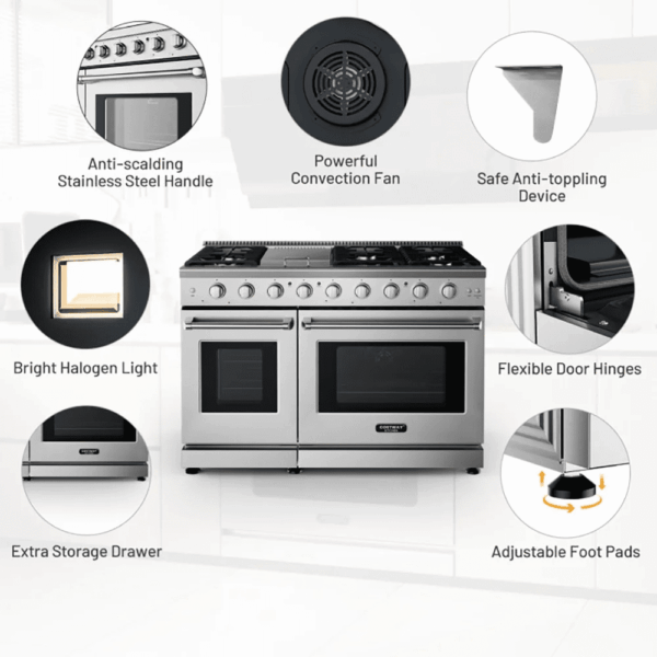 48 Inches Freestanding Natural Gas Range with 7 Burners Cooktop, Gas Cooktop for Kitchen, Stainless Steel - Image 4
