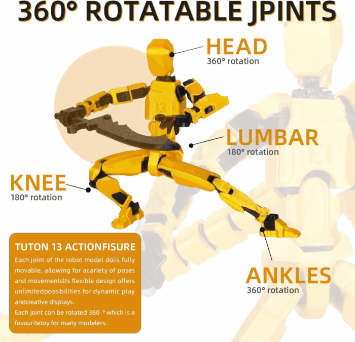 T13 Action Figure Assembly Completed, Upgraded 3D Printed T13 Action Figure, the Dummy 13 Is Very Suitable for Office Desks and Birthday Cake Decorations (Yellow) - Image 5