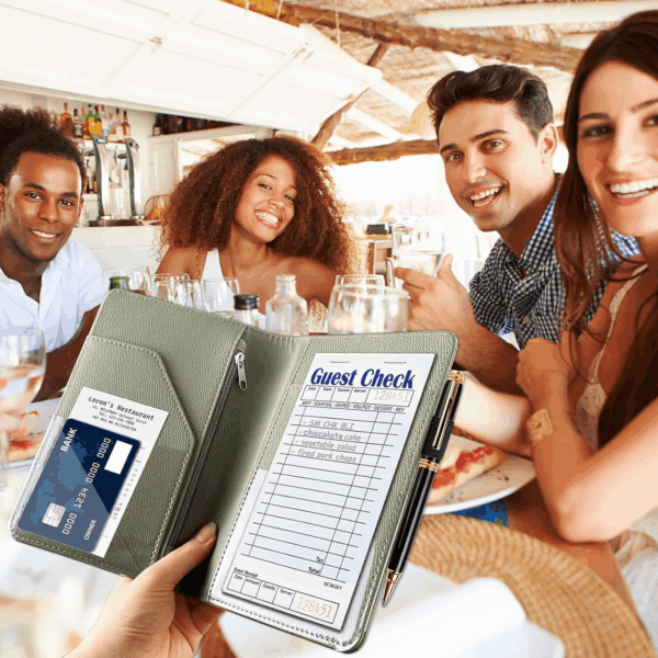 Server Book with Zipper Pocket, Premium Leather Server Books for Waitress, Waiter Wallet Waitress Book Fit Server Apron, Agave Green - Image 2