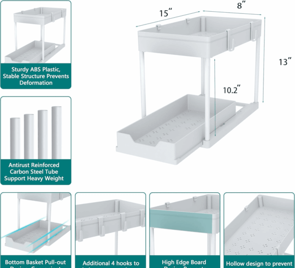 Cabinet, 2 Pack under Sink Organizer, 2 Tier Sliding Bathroom Kitchen Organizer, Large White ABS Baskets, Easy Install & Clean - Image 6