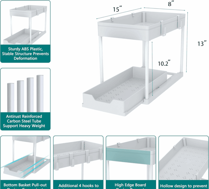 Cabinet, 2 Pack under Sink Organizer, 2 Tier Sliding Bathroom Kitchen Organizer, Large White ABS Baskets, Easy Install & Clean - Image 6