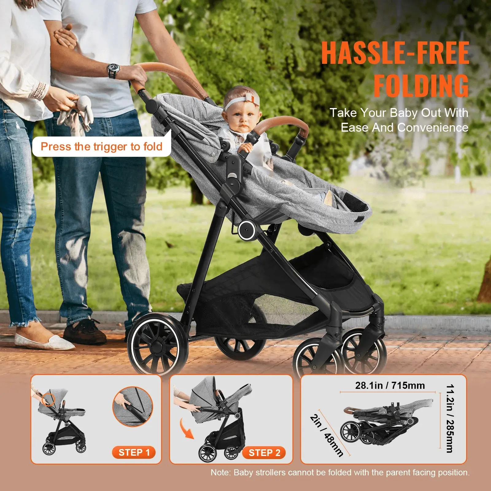 2 in 1 Convertible Baby Stroller, Foldable Infant Newborn Bassinet Pram, Unisex Travel Stroller for Newborn Baby, Dark Grey - Image 4