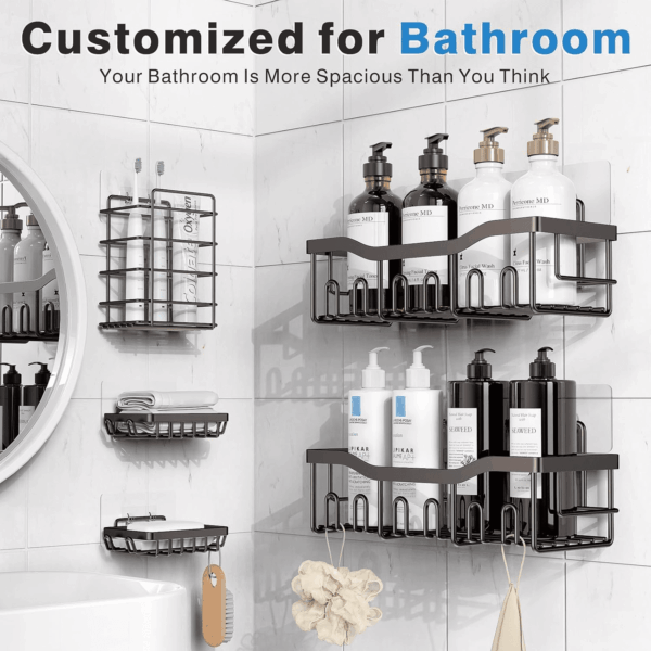 5-Pack Rustproof Stainless Steel Shower Caddy – No Drill Adhesive Bathroom Organizer with Large Capacity, Spacious Shower Shelves for inside Shower, Kitchen & Home Decor Storage - Image 2