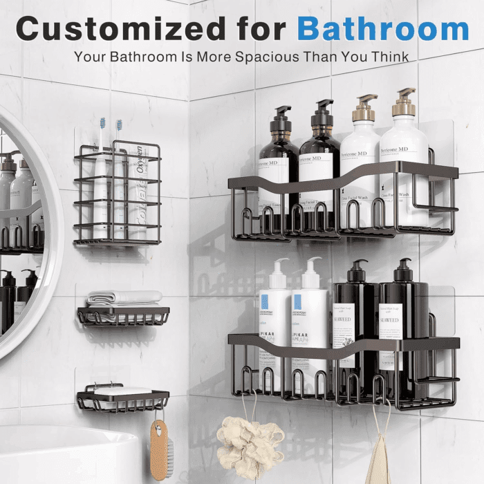 5-Pack Rustproof Stainless Steel Shower Caddy – No Drill Adhesive Bathroom Organizer with Large Capacity, Spacious Shower Shelves for inside Shower, Kitchen & Home Decor Storage - Image 2