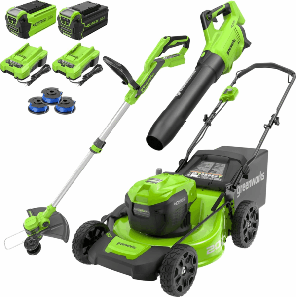 40V 20" Cordless Lawn Mower (Push), Axial Leaf Blower (500 CFM / 120 MPH),12" String Trimmer with 2 Batteries(5Ah+2Ah) and Chargers
