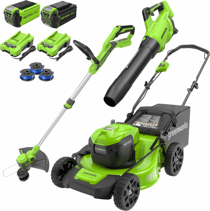 40V 20" Cordless Lawn Mower (Push), Axial Leaf Blower (500 CFM / 120 MPH),12" String Trimmer with 2 Batteries(5Ah+2Ah) and Chargers