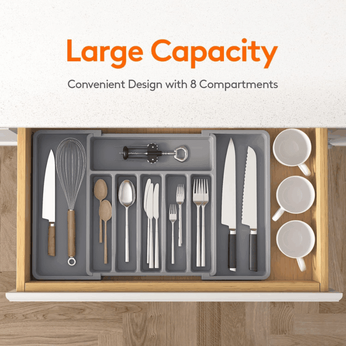 Silverware Drawer Organizer, Expandable Utensil Tray for Kitchen, BPA Free Flatware and Cutlery Holder, Adjustable Plastic Storage for Spoons Forks Knives, Large, Grey - Image 2