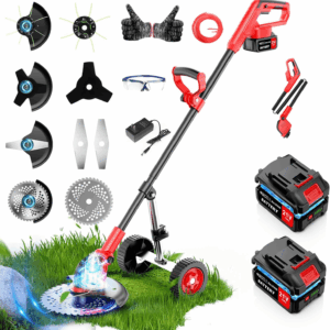 Electric Weed Wacker Cordless, 4 in 1 Lawn Mower Grass Edger with 2 Pcs 3000Mah Batteries Powered & Detachable Wheels, Foldable and Lightweight Grass Trimmer/Brush Cutter, Weed Eater Garden and Yard