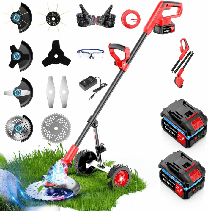 Electric Weed Wacker Cordless, 4 in 1 Lawn Mower Grass Edger with 2 Pcs 3000Mah Batteries Powered & Detachable Wheels, Foldable and Lightweight Grass Trimmer/Brush Cutter, Weed Eater Garden and Yard