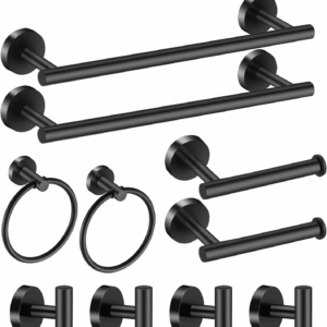 Bathroom Hardware Set Black 10 Pieces, Towel Bar Set Matte Black Stainless Steel Towel Rack Set Includes 2PCS 16'' Towel Bar, 4PCS Towel Hooks, 2PCS Toilet Paper Holder and 2PCS Towel Ring