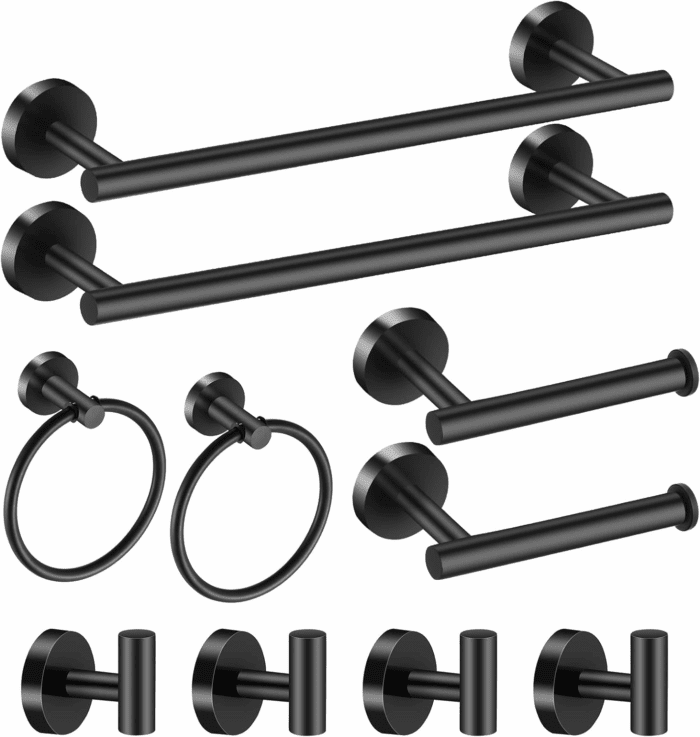 Bathroom Hardware Set Black 10 Pieces, Towel Bar Set Matte Black Stainless Steel Towel Rack Set Includes 2PCS 16'' Towel Bar, 4PCS Towel Hooks, 2PCS Toilet Paper Holder and 2PCS Towel Ring