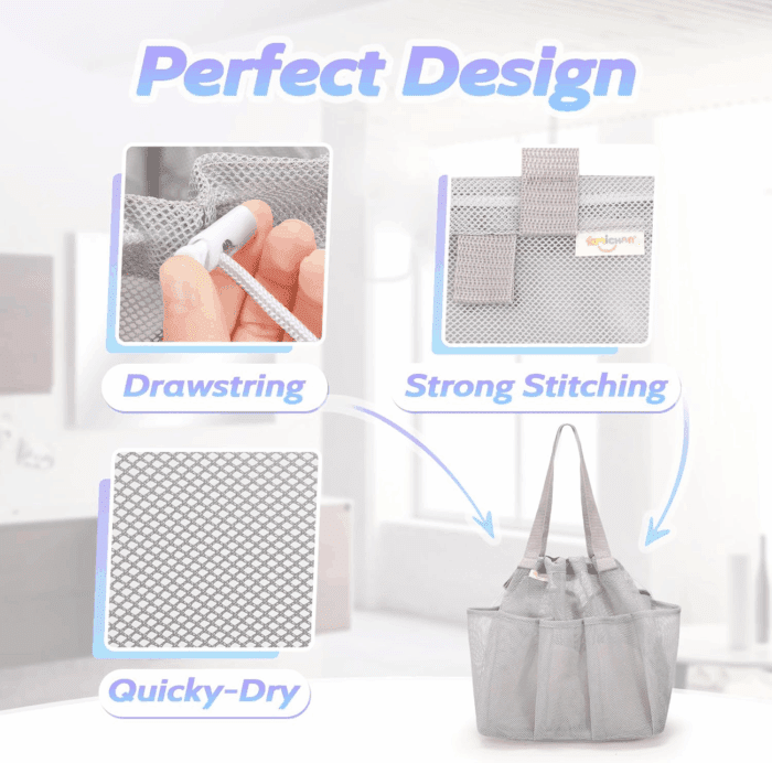 Mesh Shower Caddy Portable with Drawstring, Dorm Room Essentials for College Students, Grey Shower Bag for Camping,Swimming,Gym,Travel,Bathroom - Image 3