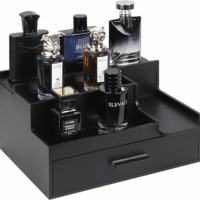 Cologne Organizer for Men, 3 Tier Perfume Stand Holder with Drawer and Hidden Compartment, Cologne Display Shelf for Dresser, Great Gift for Man/Father, Black