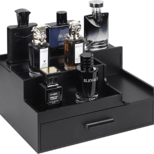 Cologne Organizer for Men, 3 Tier Perfume Stand Holder with Drawer and Hidden Compartment, Cologne Display Shelf for Dresser, Great Gift for Man/Father, Black