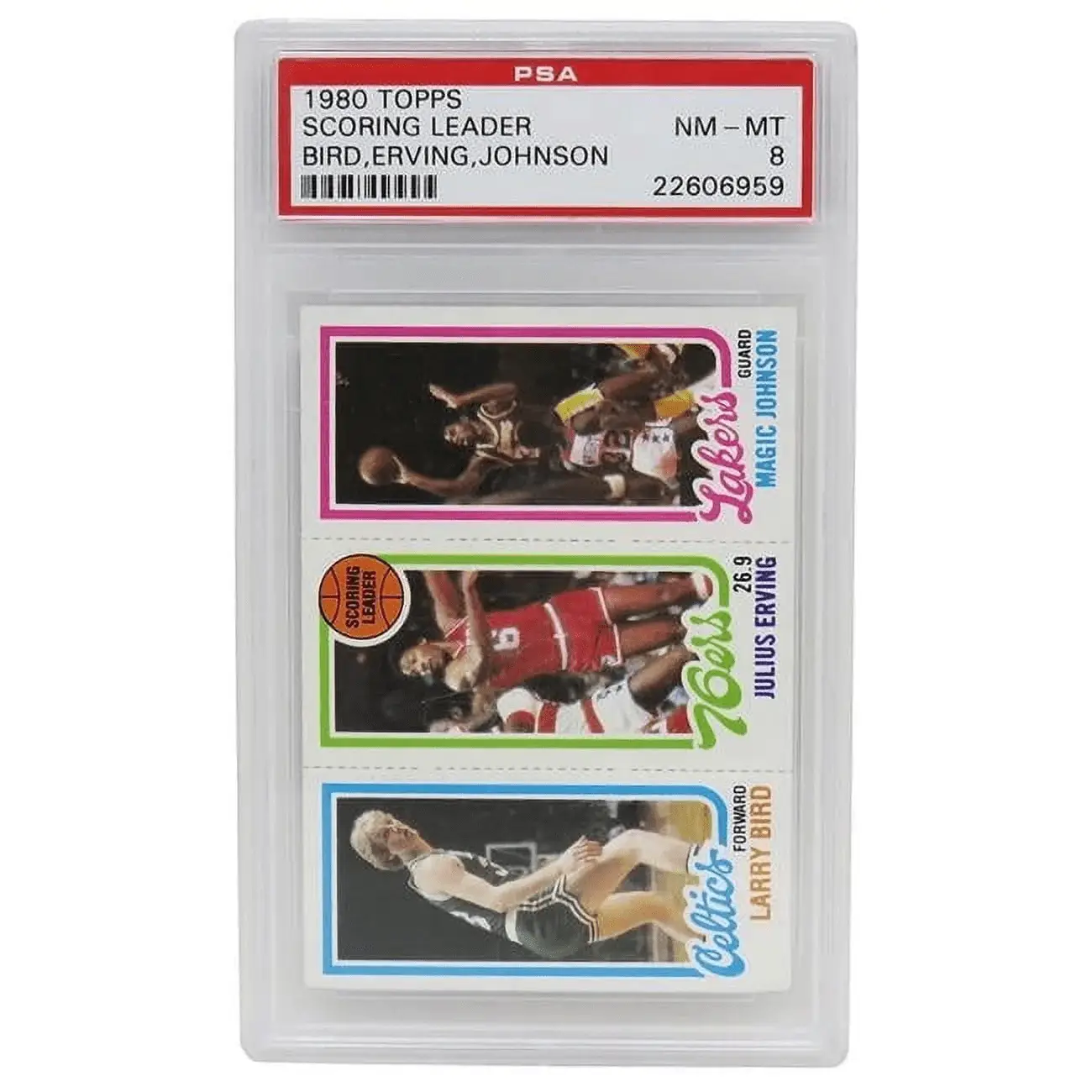 PS2BJ80T6 Larry Bird, Magic Johnson & Julius Erving 1980 Topps Scoring Leader Rookie Card, PSA 8 NM-MT