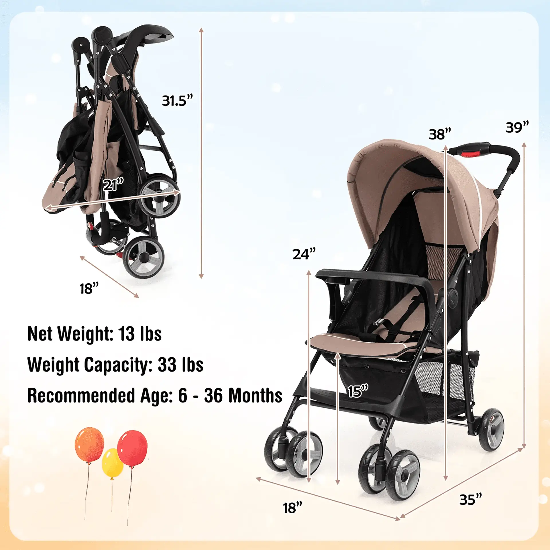 Foldable Lightweight Baby Stroller Travel Pushchair 0-36 Months Age Group 13 Lbs Coffee - Image 10