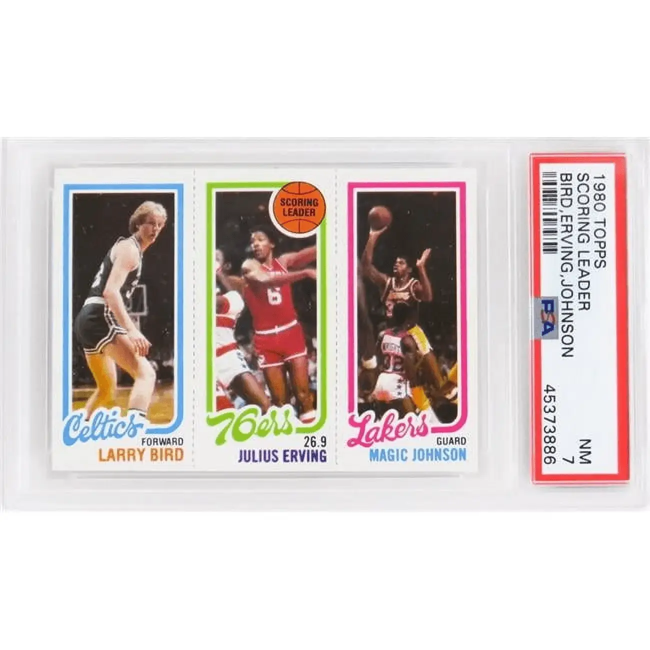 PS2BJ80T4 Larry Bird, Magic Johnson & Julius Erving 1980 Topps Scoring Leader RC Card - PSA 7 NM - PWCC Top 30 Percent Eye Appeal - D
