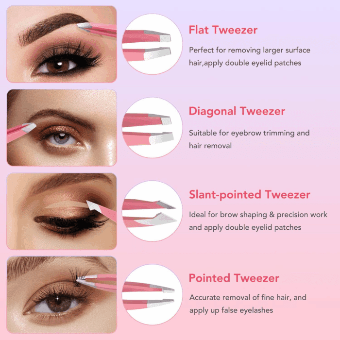 Tweezers Set for Facial Hair Removal Women, 8Pcs Precision Eyebrow Tweezers Nail Clipper Set Eyebrow Plucker Men for Ingrown Hair Removal (Pink) - Image 2