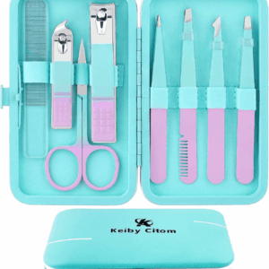 Tweezers Set and Nail Clippers 8Pcs Precision No Gaps Eyebrow Tweezer Kit for Facial Hair Men & Women Travel Tweezers with Leather Case（Violet/Cyan）