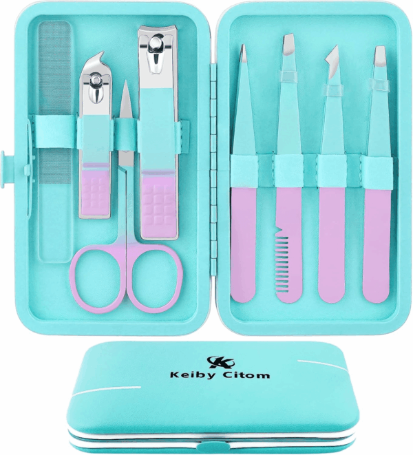 Tweezers Set and Nail Clippers 8Pcs Precision No Gaps Eyebrow Tweezer Kit for Facial Hair Men & Women Travel Tweezers with Leather Case（Violet/Cyan）