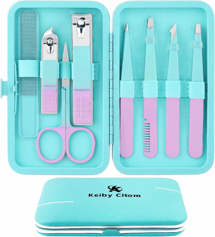 Tweezers Set and Nail Clippers 8Pcs Precision No Gaps Eyebrow Tweezer Kit for Facial Hair Men & Women Travel Tweezers with Leather Case（Violet/Cyan）