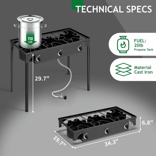3-Burner Propane Camping Stove, Gas Stove for Outdoor Cooking BBQ, 225,000 -BTU, 20 PSI Regulator, High Pressure, Heavy Duty, Black - Image 5