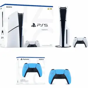 Playstation 5 Slim Console + Playstation 5 Dualsense Wireless Controller Starlight Blue - Includes PS5 Console & Dualsense Controller - 16GB RAM 1TB SSD - Custom Integrated I/O - up to 120Fps @ 120Hz