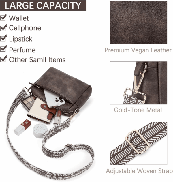 Small Crossbody Purse for Women Triple Zip Cell Phone Leather Handbag with Colored Shoulder Strap - Image 4