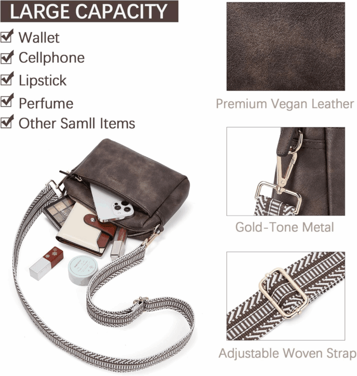 Small Crossbody Purse for Women Triple Zip Cell Phone Leather Handbag with Colored Shoulder Strap - Image 4