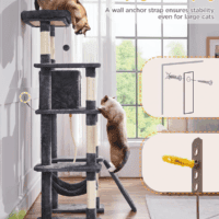 Large Multi-Level Cat Tree, 63 Inches Tall with Sisal-Covered Scratching Posts, Condo, Hammock, Dangling Ball, and Extended Platform for Cats to Play and Sleep - Image 9