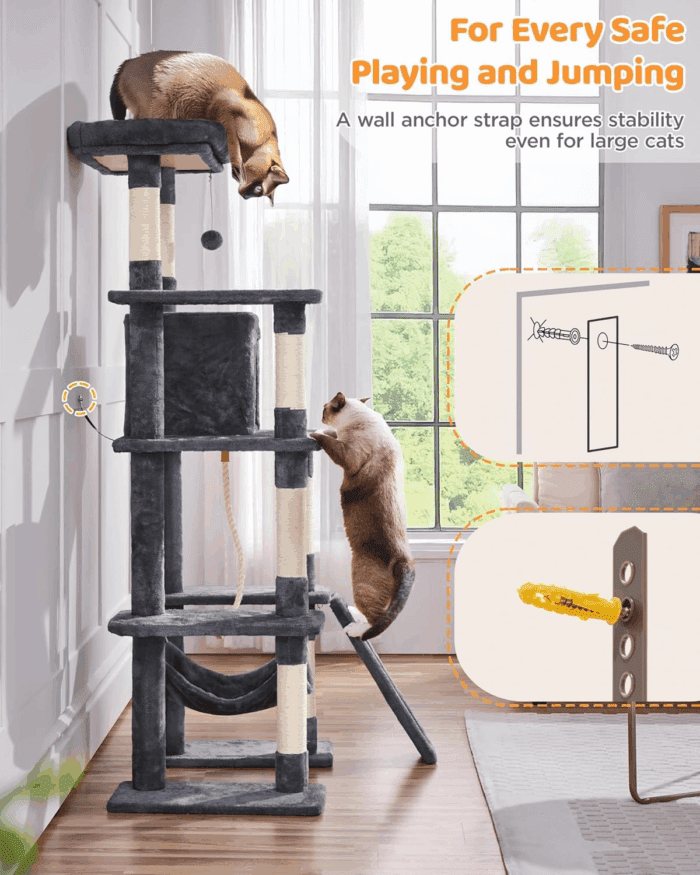 Large Multi-Level Cat Tree, 63 Inches Tall with Sisal-Covered Scratching Posts, Condo, Hammock, Dangling Ball, and Extended Platform for Cats to Play and Sleep - Image 9