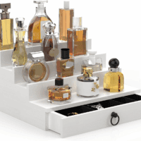 Cologne Organizer for Men, 4 Tier White Wood Perfume Organizer with Felt Lining Drawer and Hidden Compartment, Perfume Display Holder, a Gift for Men