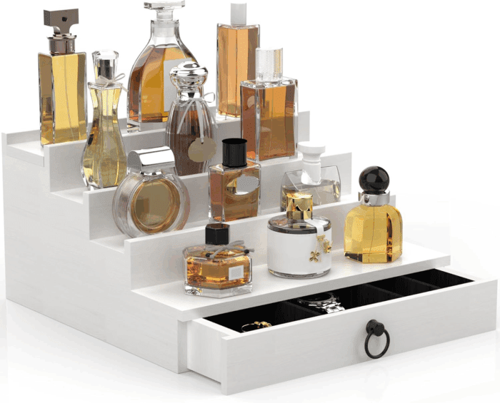 Cologne Organizer for Men, 4 Tier White Wood Perfume Organizer with Felt Lining Drawer and Hidden Compartment, Perfume Display Holder, a Gift for Men