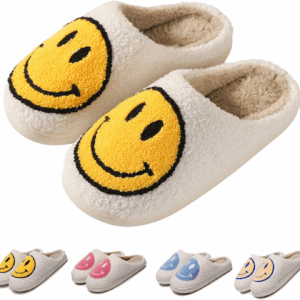 Smile Face Slippers for Women - Indoor Outdoor Retro Happy House Slides, Soft Fluffy Cushion Furry Shoes