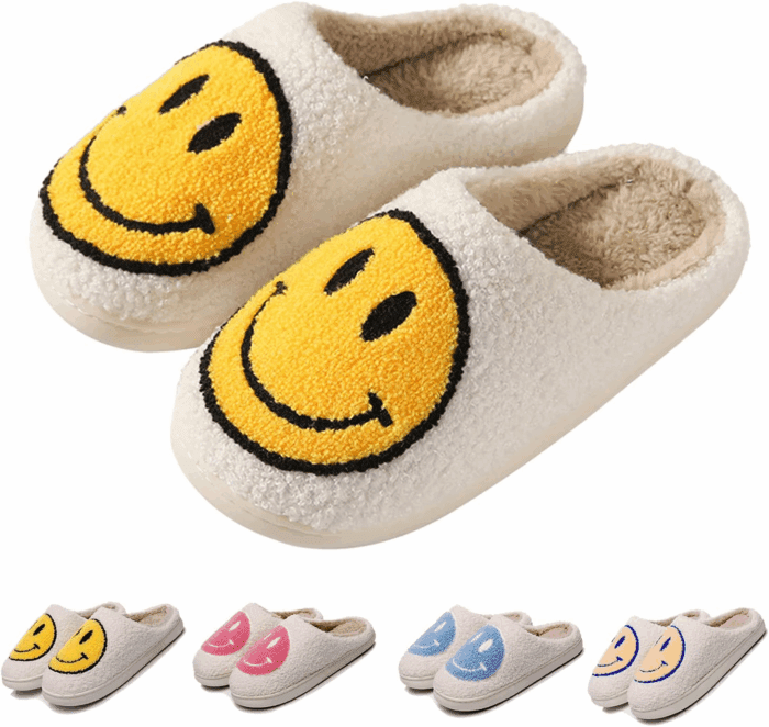 Smile Face Slippers for Women - Indoor Outdoor Retro Happy House Slides, Soft Fluffy Cushion Furry Shoes