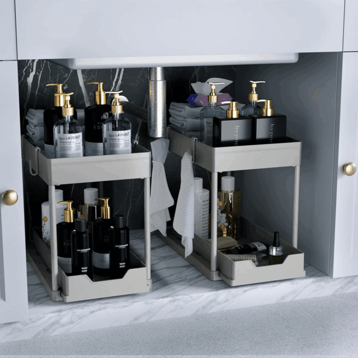 Under Sink Organizer 2 Pack，Bathroom Cabinet Organizer，2 Tier Sliding Cabinet Basket Organizer Drawer, Multi-Purpose Bath Collection Baskets for Bathroom (Grey)