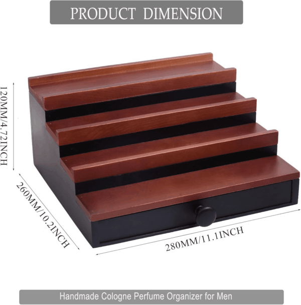 Cologne Organizer for Men - 4 Tier Walnut Black Wooden Cologne Display Stand with Drawer and Hidden Compartment, Mens Cologne Holder Shelf for Organizing and Storing, Walnut Black - Image 7
