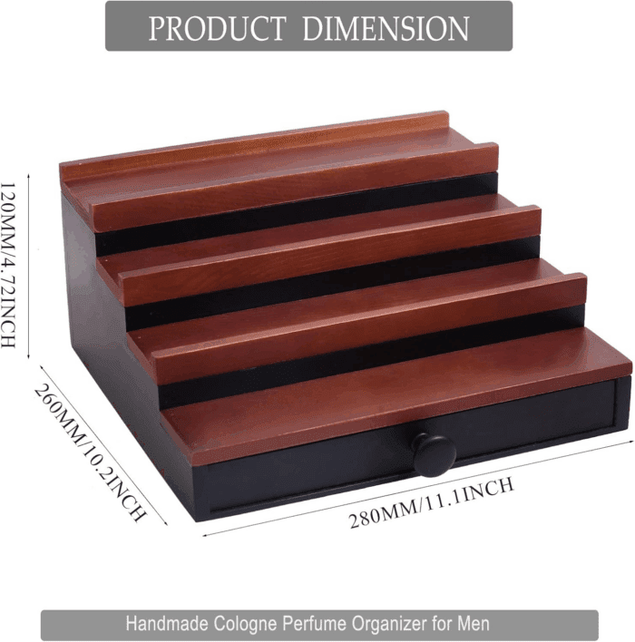 Cologne Organizer for Men - 4 Tier Walnut Black Wooden Cologne Display Stand with Drawer and Hidden Compartment, Mens Cologne Holder Shelf for Organizing and Storing, Walnut Black - Image 7