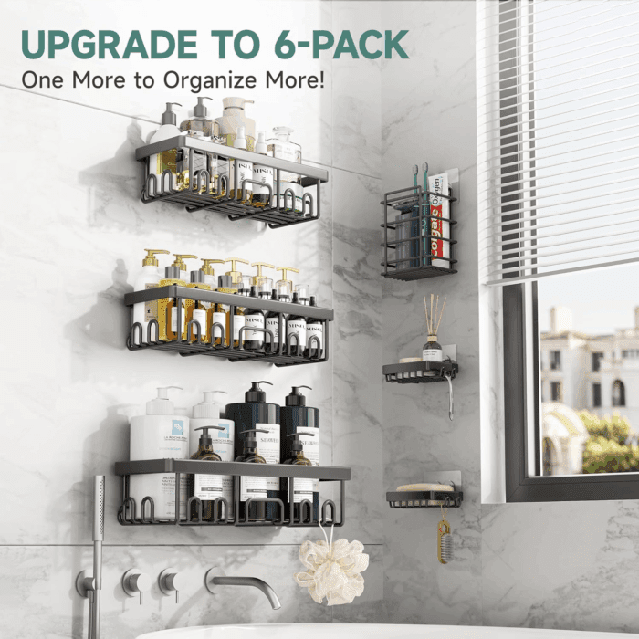 Stainless Steel Shower Caddy 6-Pack, No Drilling & Rustproof, Waterproof Adhesive Shelves Rack with Soap Holder, Large Capacity Bathroom Organizers and Storage, Wall-Mounted Kitchen & Home Decor - Image 6
