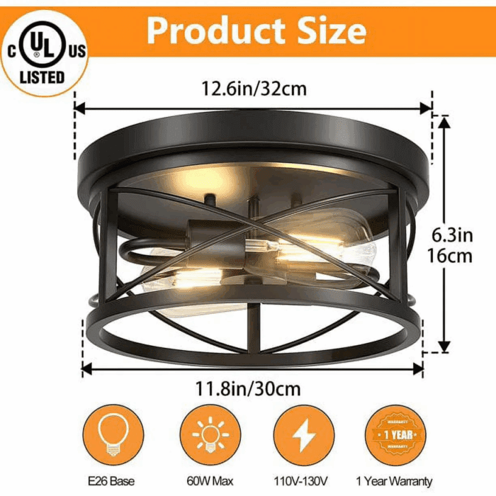 2-Light Flush Mount Ceiling Light Fixture Industrial Black Metal Farmhouse Close to Ceiling Lights for Kitchen Bedroom Foyer - Image 4