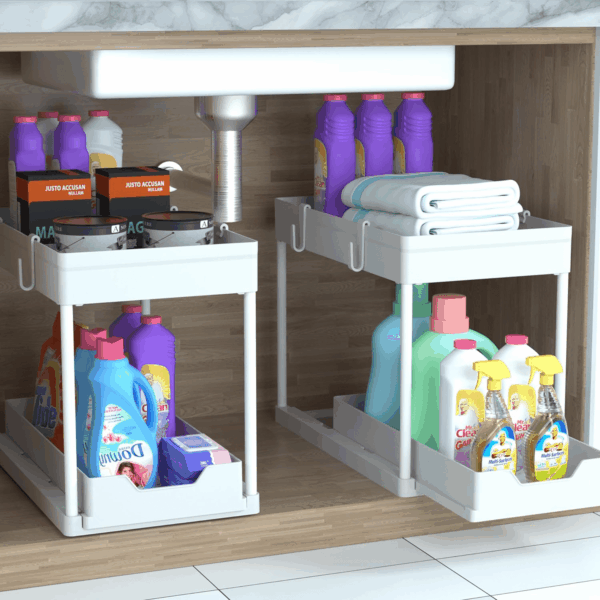 Cabinet, 2 Pack under Sink Organizer, 2 Tier Sliding Bathroom Kitchen Organizer, Large White ABS Baskets, Easy Install & Clean - Image 7