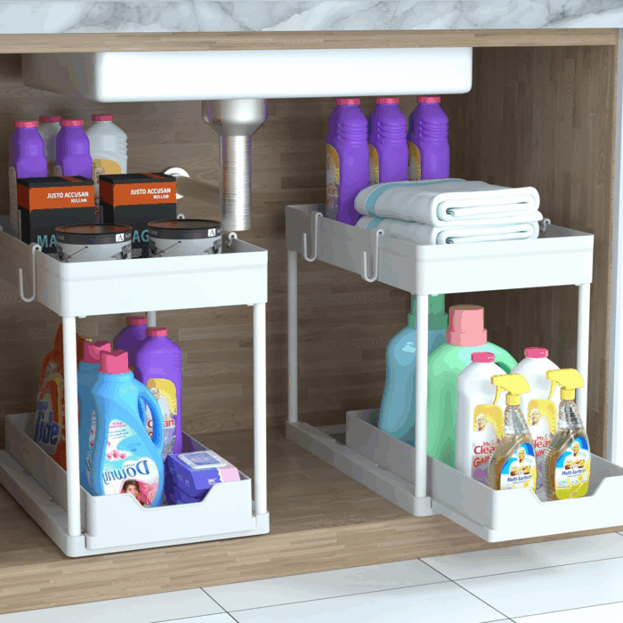Cabinet, 2 Pack under Sink Organizer, 2 Tier Sliding Bathroom Kitchen Organizer, Large White ABS Baskets, Easy Install & Clean - Image 7
