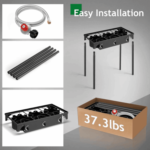 3-Burner Propane Camping Stove, Gas Stove for Outdoor Cooking BBQ, 225,000 -BTU, 20 PSI Regulator, High Pressure, Heavy Duty, Black - Image 3