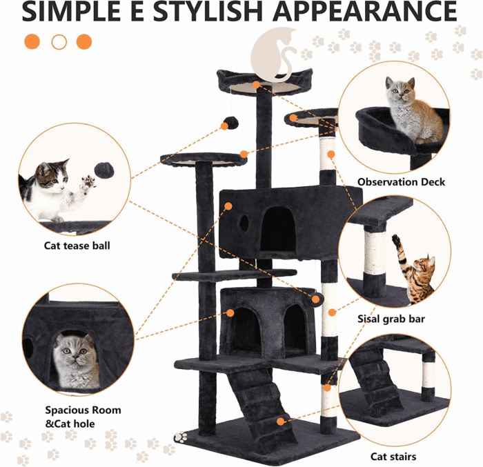 54In Cat Tree Tower for Indoor Cats,Multi-Level Furniture Activity Center with Scratching Posts Stand House Condo Funny Toys Kittens Pet Play House,Dark Gray - Image 6