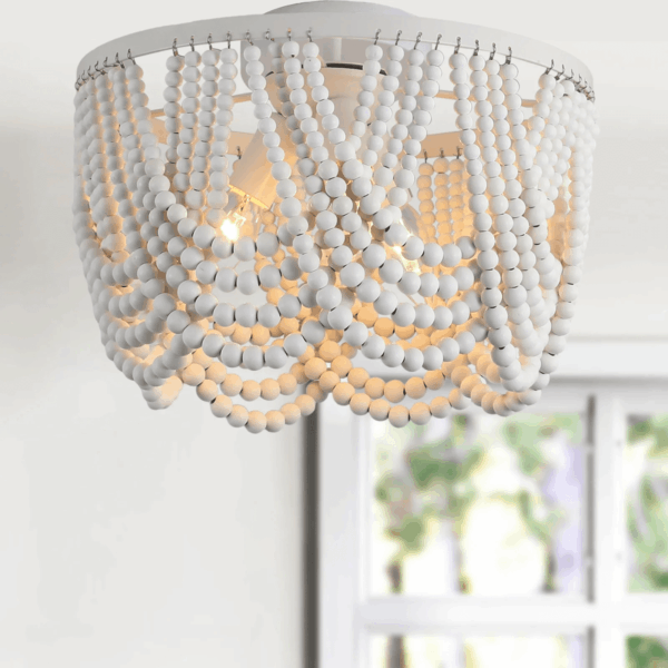Black 12.6 Inch Wood Bead Chandelier Flush Mount Ceiling Light Fixture 3-Light Boho Light Fixtures Ceiling Farmhouse Chandeliers for Bedroom Dining Room - Image 12